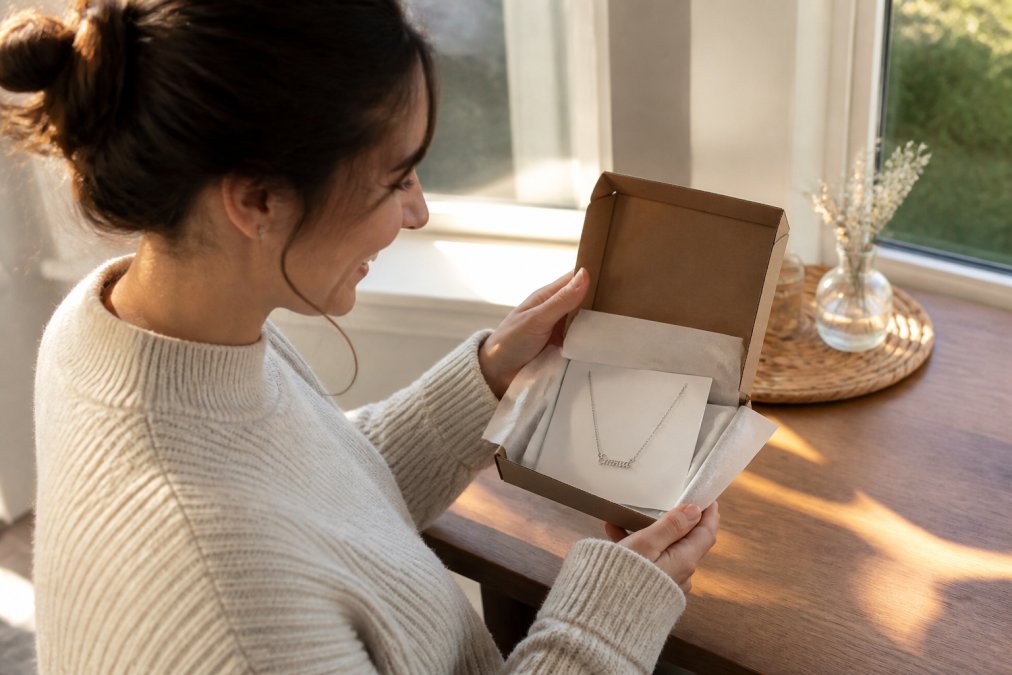 Person at home receiving a beautifully packaged personalized necklace gift in a branded box with tissue paper, unwrapping it with warm natural sunlight streaming through a nearby window