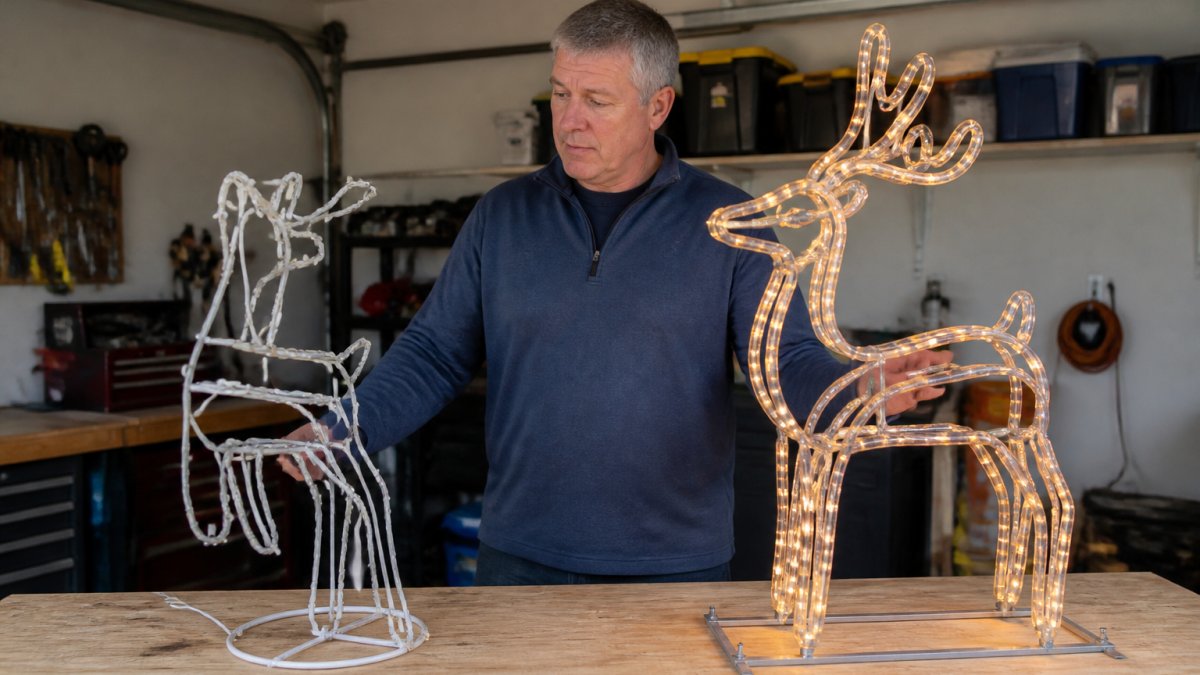 A homeowner in their 50s standing in a garage comparing a flimsy mass-produced holiday decoration with a solid handmade light sculpture, both placed on a workbench