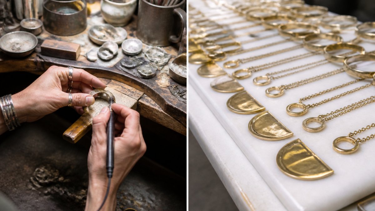 Close-up of hands working on fine silver jewelry at a jeweler's bench with specialized tools, metal pieces, and materials visible under bright studio lighting