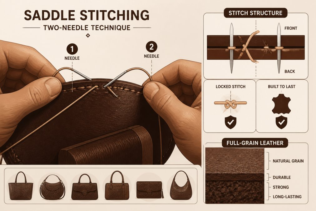 Close-up of artisan hands performing saddle stitching on genuine full-grain leather, showing the two-needle technique with natural light illuminating the intricate thread work and leather grain