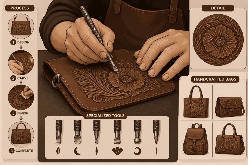 Skilled artisan hands hand-tooling intricate floral designs into full-grain leather with specialized carving tools, showing the meticulous detail work and concentration involved in creating unique handcrafted patterns
