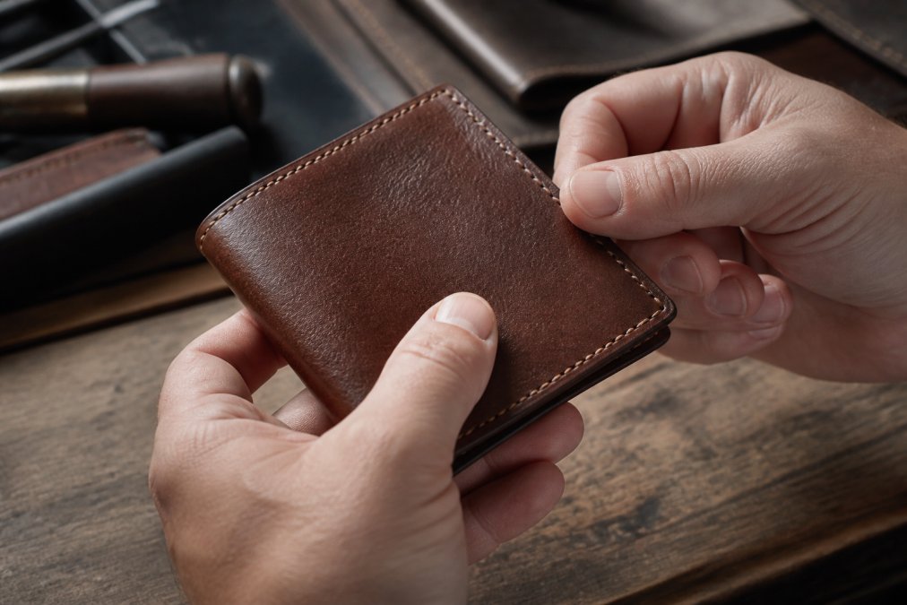 Person's hands carefully examining leather wallet surface, showing grain texture detail, inspecting edge finishing with thumb, and checking stitching quality under natural window light