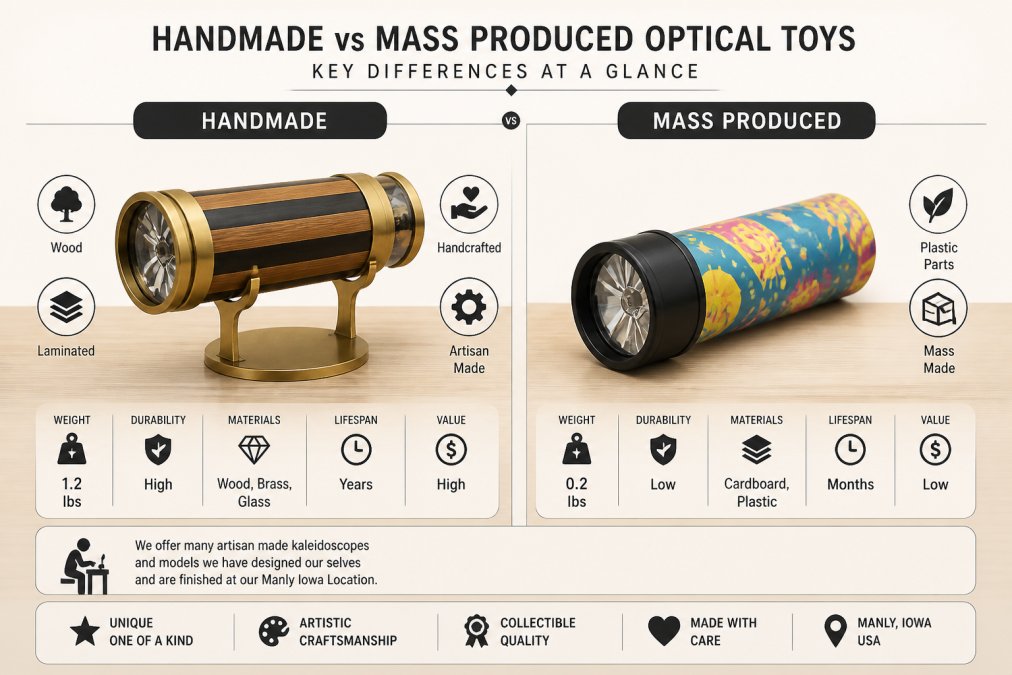 Side-by-side comparison on a clean wooden tabletop: a handcrafted teleidoscope with laminated teak and ebony wood body resting on a brass base next to a lightweight cardboard and plastic mass-produced toy kaleidoscope with bright printed graphics