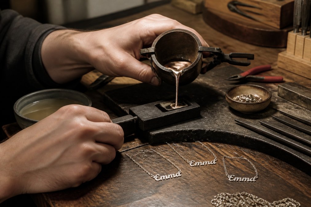 Close-up of artisan's hands carefully hand-pouring molten metal into a mold for a custom pendant, with tools, materials, and finished pieces visible on a wooden workbench under warm workshop lighting