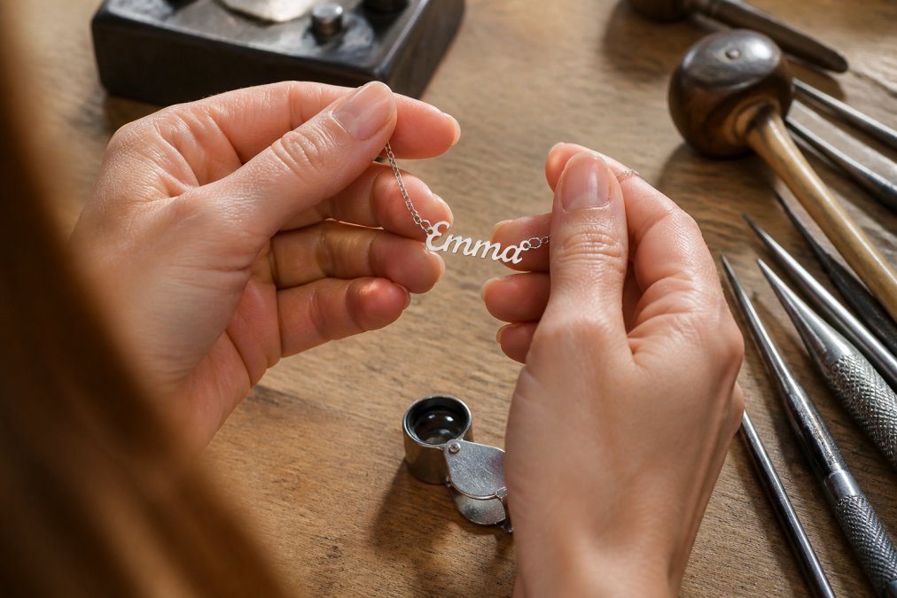 Person's hands carefully examining a personalized name necklace up close, holding it toward natural light to inspect the metal finish, clasp mechanism, and engraving detail, with a jeweler's loupe on the wooden surface