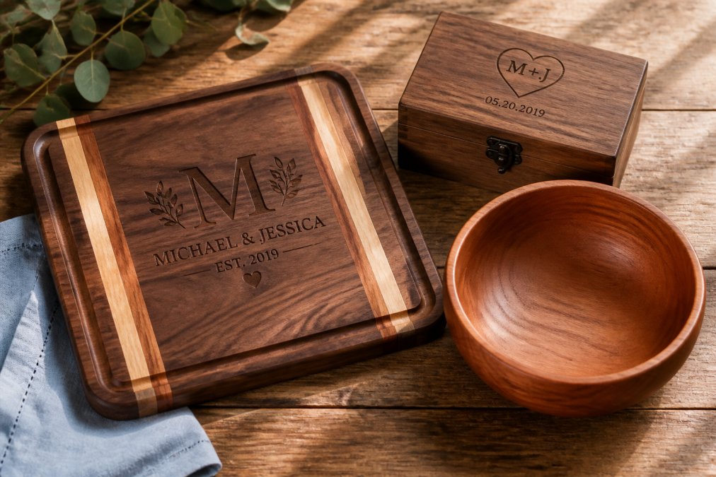 Flat-lay photograph on a rustic wooden table showing an engraved walnut cutting board, a small wooden keepsake box, and a cherry wood salad bowl arranged together with soft natural window lighting casting warm shadows