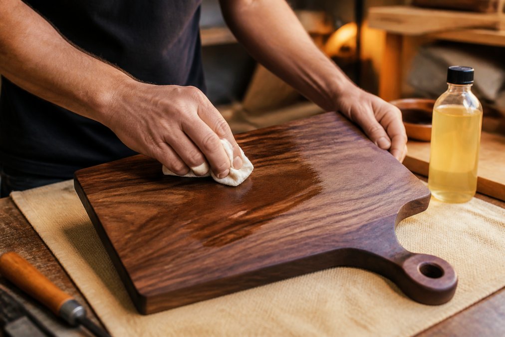Close-up of a person's hands applying mineral oil to a walnut cutting board with a soft cotton cloth, warm workshop lighting in the background, natural wood grain clearly visible under the oil