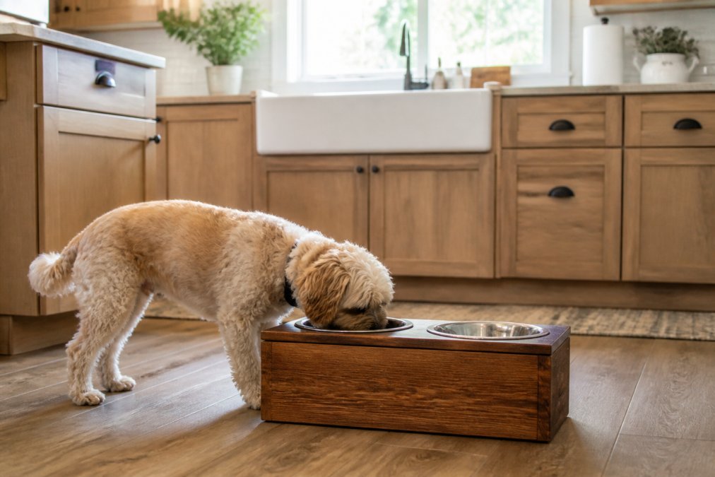 Small dog eating from an elevated wooden bowl stand in a bright, modern farmhouse-style kitchen with natural light streaming through windows and wooden cabinetry