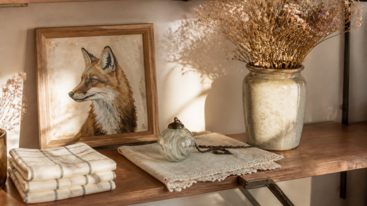 A warm, sunlit living room shelf styled with a small acrylic animal painting in a simple frame, a glass pendant resting on a linen cloth, and a folded cotton tea towel, with dried flowers in a stoneware jar nearby