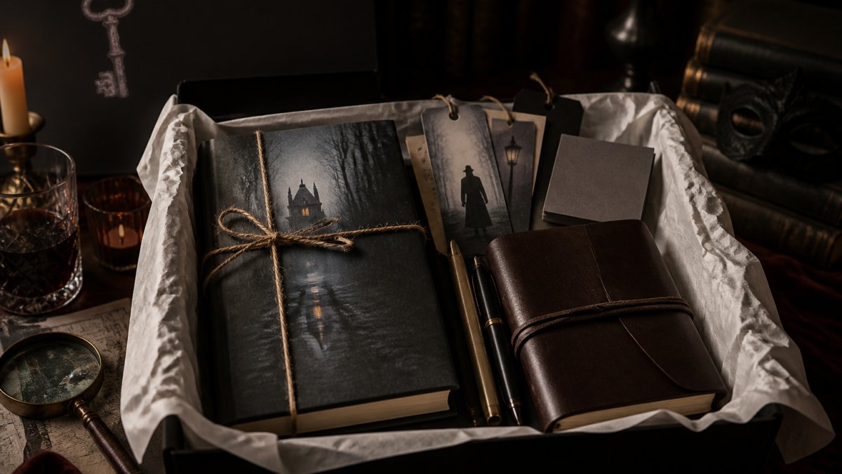An open mystery book box revealing a wrapped hardcover thriller with a dark cover, a leather journal with deckle-edged pages, quality pens, bookmarks, and sticky notes arranged artfully inside on white tissue paper