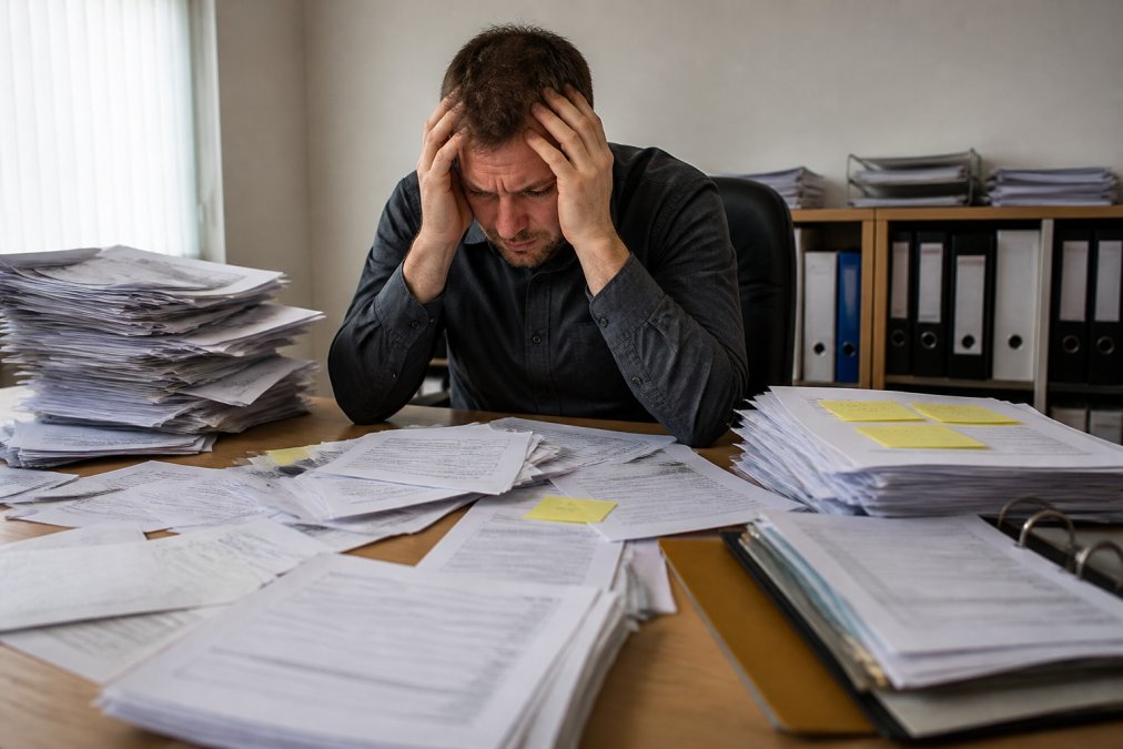 Overwhelmed landlord at cluttered desk surrounded by tenant complaint forms, maintenance invoices, and HMO compliance documents, looking stressed under harsh fluorescent lighting