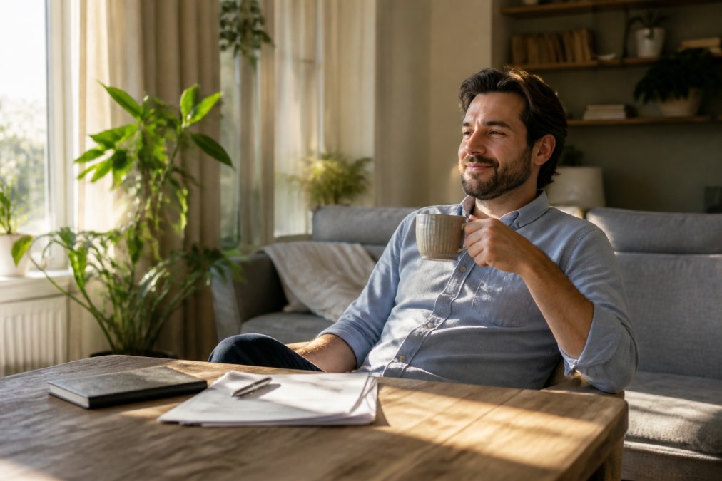 Relaxed professional working from home with laptop and coffee, calm expression, natural sunlight streaming through windows, representing stress-free property ownership