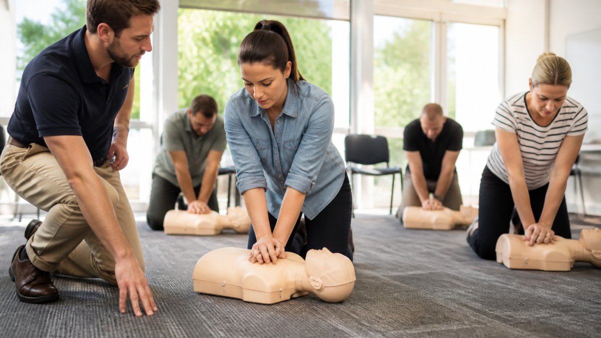 Adults practicing chest compressions on a CPR manikin to improve their first aid skills under instructor guidance