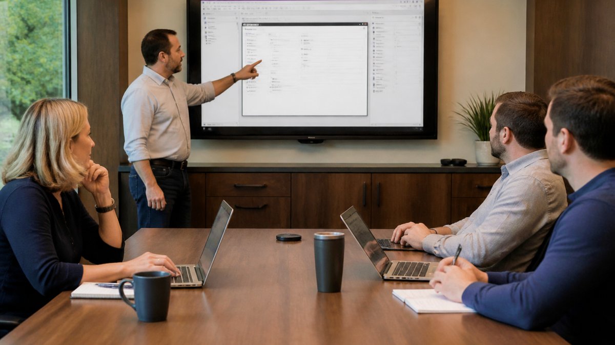 A team participates in hands-on Power Platform team training by building canvas apps alongside an expert instructor.