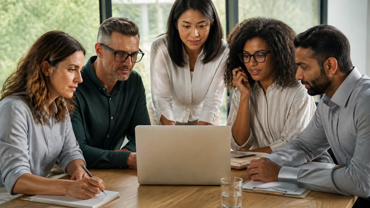 Diverse group of office professionals gathered around a laptop, reviewing SharePoint documents on screen with engaged expressions, taking notes, natural office lighting from windows