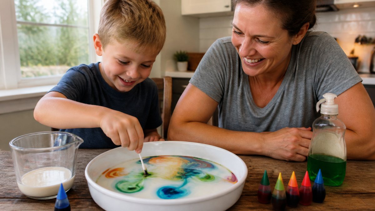 Adult and child performing a milk fireworks experiment with colorful dye and dish soap in a kitchen dish
