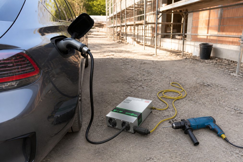 Auto elettrica collegata ad un adattatore V2L con cavo di tipo 2, cavo di prolunga e trapano elettrico in un cantiere, luce naturale