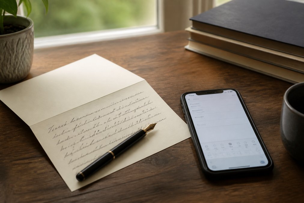 A wooden desk with a handwritten thank you note on cream stationery, a fountain pen resting beside it, and a smartphone nearby showing an open email draft, warm natural light from a window