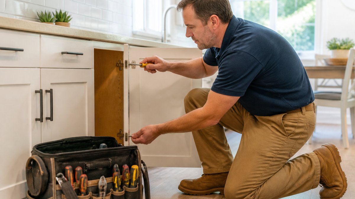 A handyman in work clothes repairing a cabinet door in a bright kitchen, tool bag open on the floor beside him, natural daylight through the window