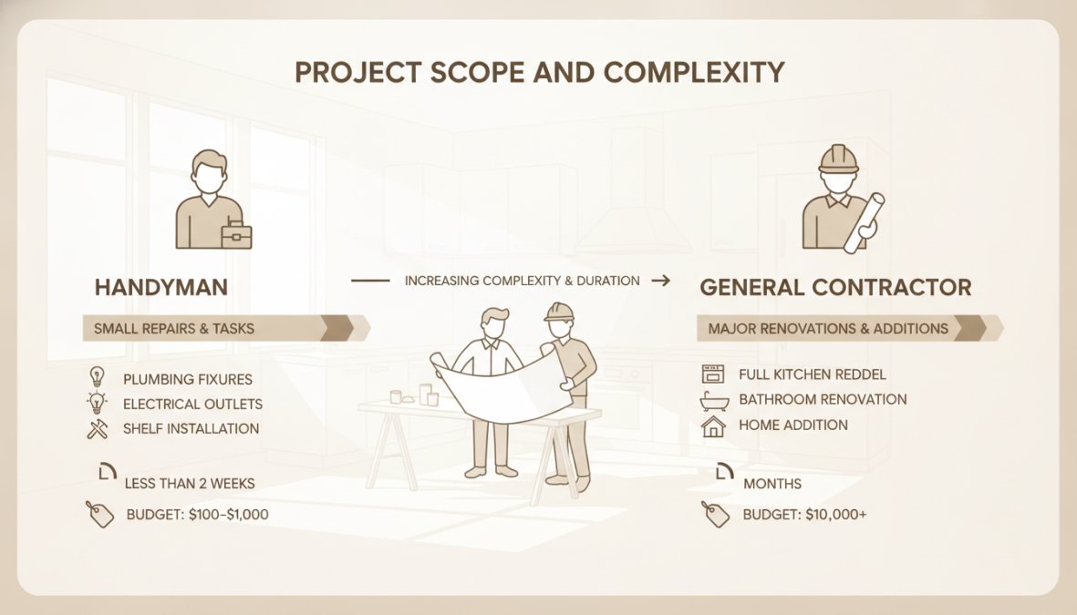 Professional illustration showing Homeowner for handyman vs contractor