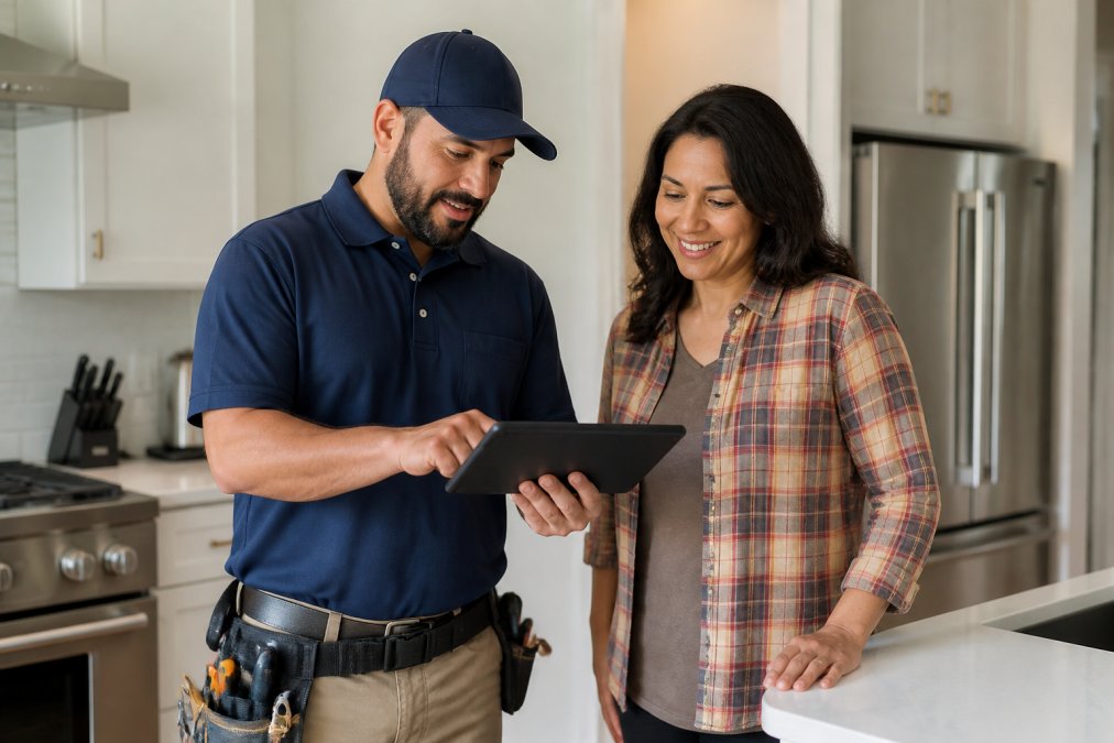 Professional technician in uniform reviewing tablet with homeowner in modern kitchen, showing proactive communication and coordination during scheduled maintenance visit