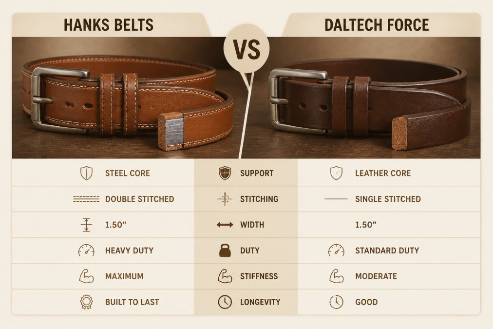 Comparison diagram showing structural differences between two leather gun belts with steel cores and double stitching.