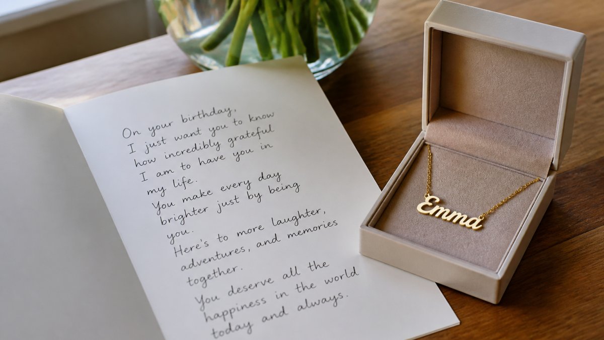 A close-up of a handwritten birthday card resting on a table next to a personalized name necklace in a soft-touch gift box, with warm natural light