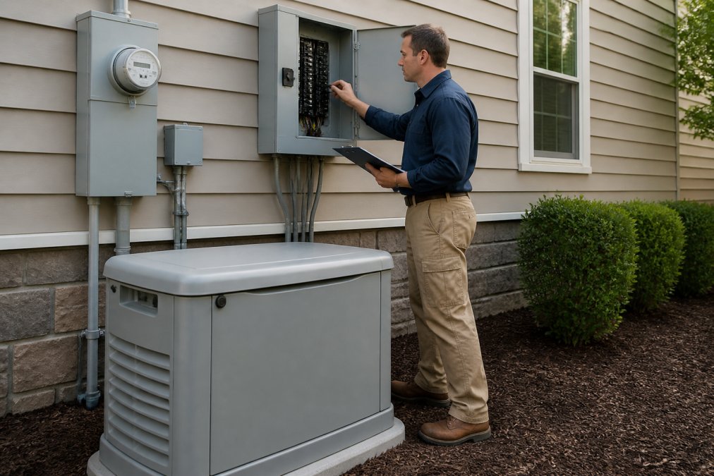 A licensed electrician in work clothes examining a home's electrical panel with a clipboard, standing next to a whole-home standby generator unit outside a residential house