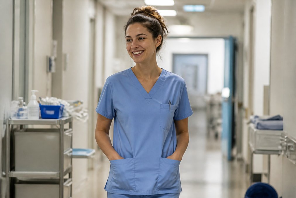 Infirmière en tenue médicale bleue dans un couloir d'hôpital lumineux, souriante, portant une tunique à poches fonctionnelles et un pantalon assorti, ambiance professionnelle et confortable