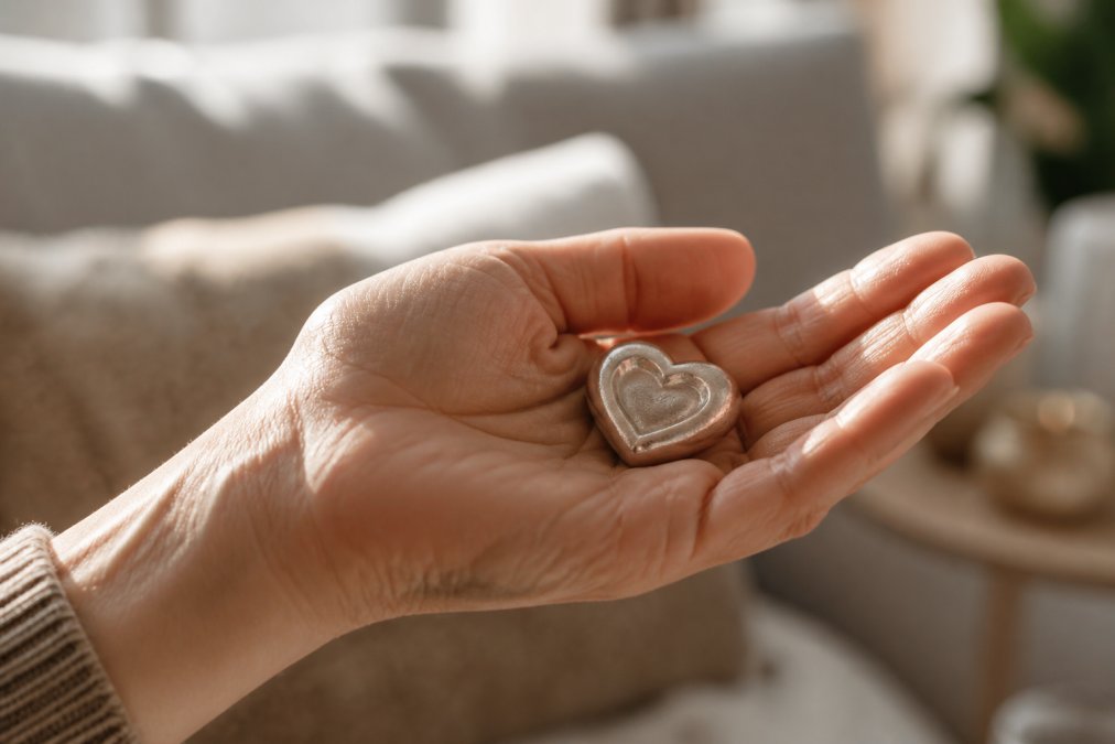 Close-up of a small hand-finished keepsake token resting in an open palm, with soft natural light and a blurred background suggesting a cosy home setting