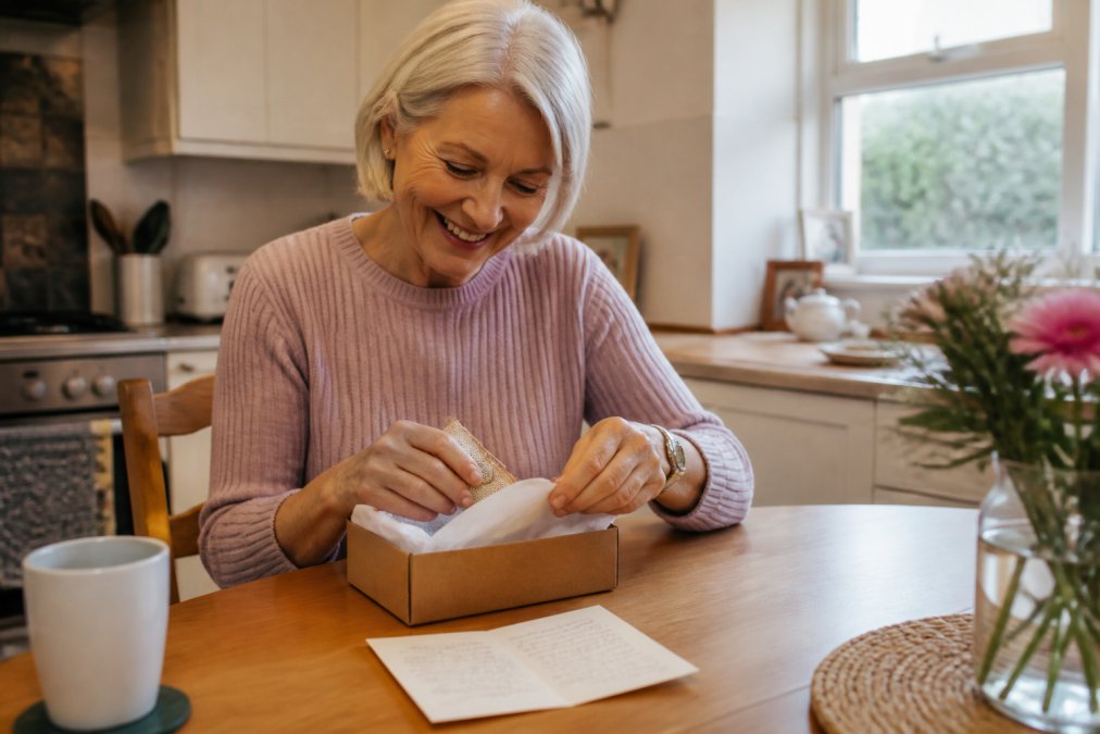 An older woman sitting at a kitchen table opening a small letterbox gift package, smiling warmly, with a handwritten card visible beside the box