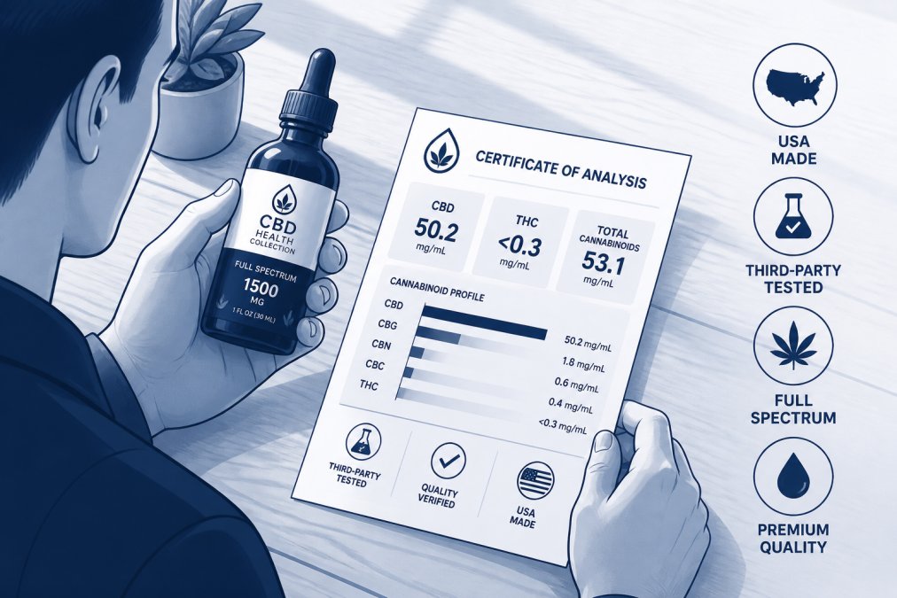 Person holding a CBD Health Collection product bottle in natural sunlight, examining the label and certificate of analysis documentation on a wooden table