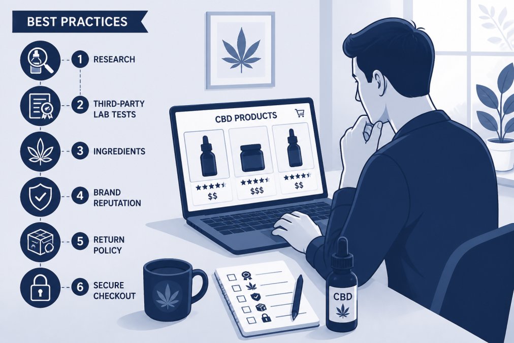 Person at home on a laptop researching CBD products with a notepad and CBD product bottle on the desk, showing careful consideration before purchase, natural window lighting