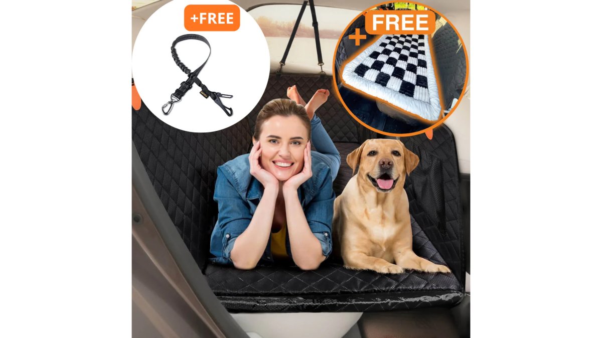 Hard Bottom 6-In-1 Dog Back Seat Cover , Waterproof Mesh Window, Non-Slip for Cars, Trucks and Suvs +FREE Car Backseat Dog Bed + FREE Dog Safety Belt