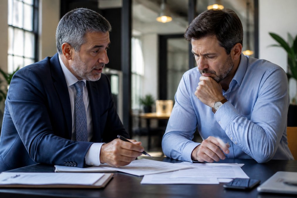 Commercial property owner reviewing loan documents with a financial advisor at a desk in a professional office setting, showing focused determination during a serious financial discussion
