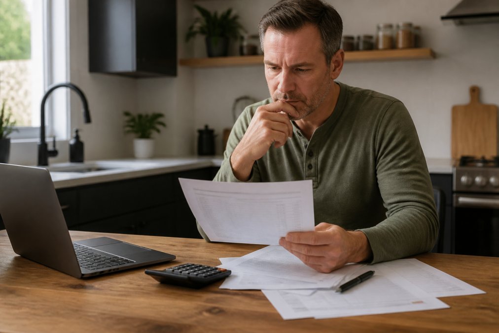 A real estate investor reviewing a closing cost breakdown sheet at a kitchen table with a laptop, calculator, and pen nearby, natural window light