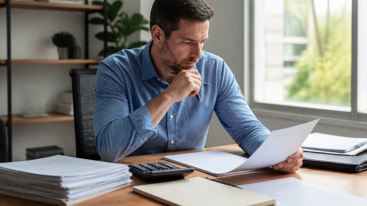 Property owner reviewing loan documents and financial spreadsheets at a desk with a calculator and pen, natural office lighting through a window