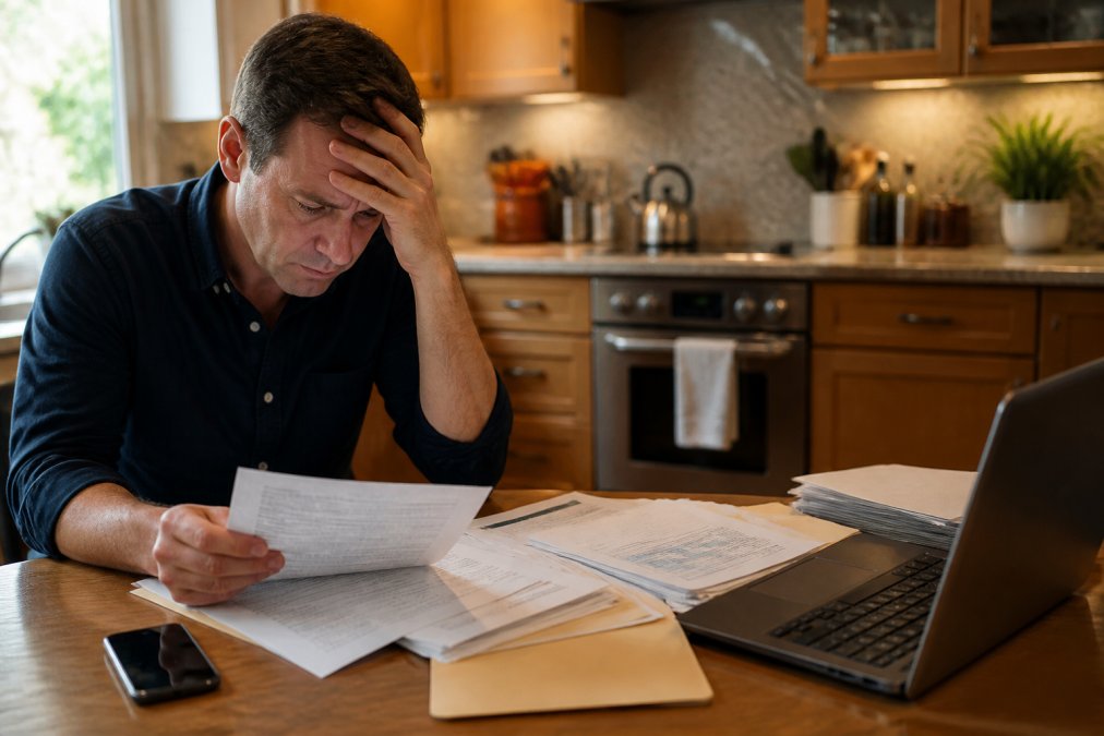 A stressed homeowner sitting at a kitchen table reviewing foreclosure documents and mortgage paperwork, with a phone nearby and a laptop open showing a lender's website, under warm kitchen lighting