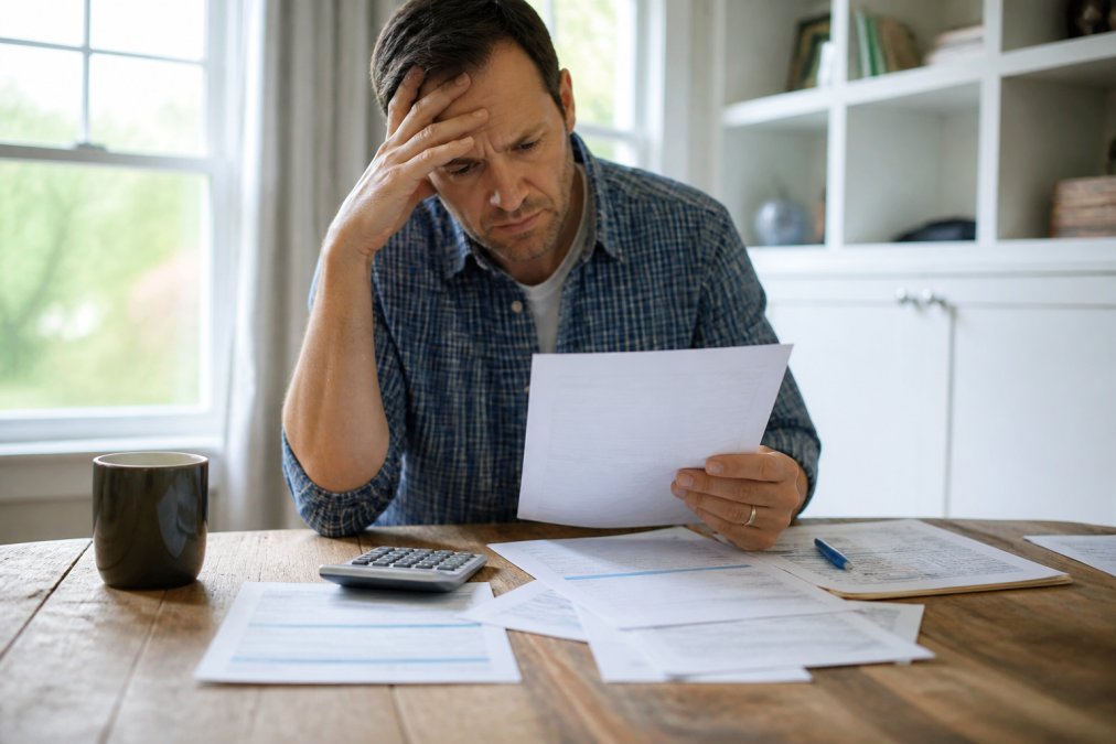 Homeowner sitting at desk reviewing mortgage documents with a concerned expression, papers and calculator spread across wooden surface, natural window light