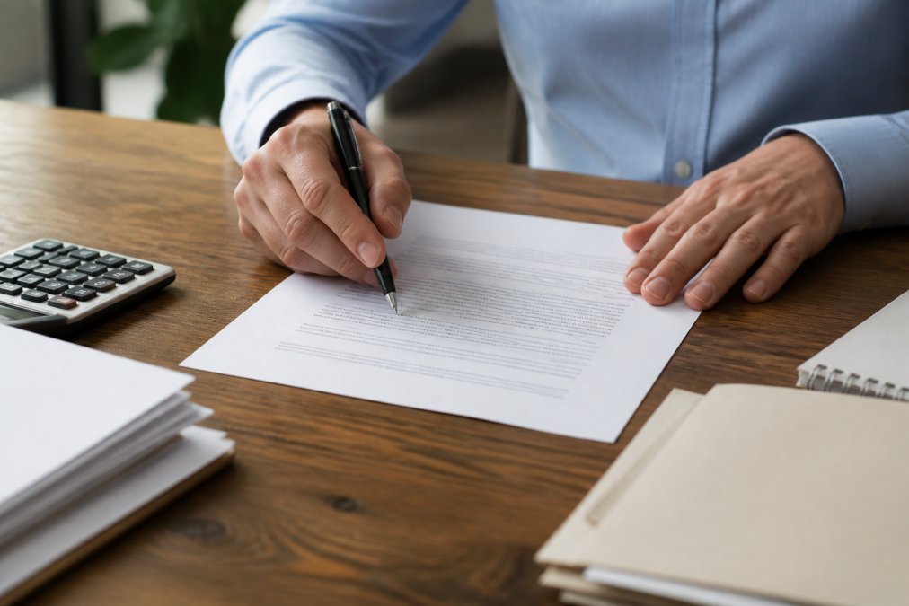 Close-up of hands holding a pen poised over a loan agreement document on a wooden table, papers and calculator visible in soft natural light