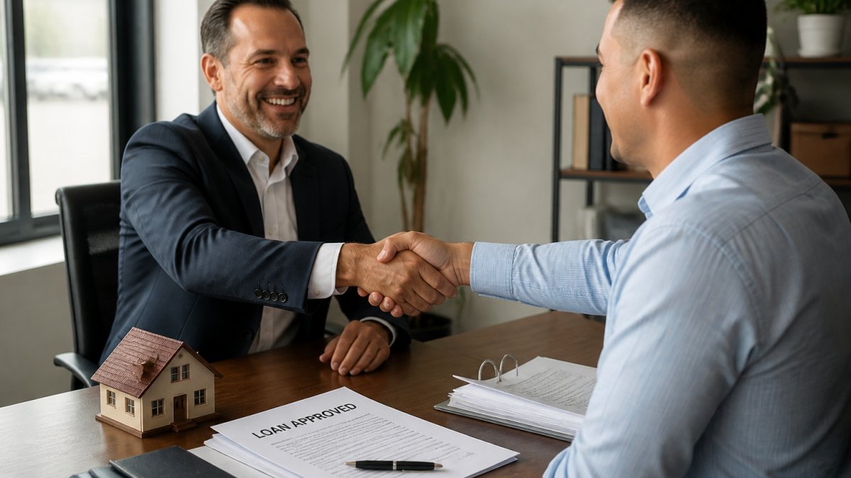 Real estate investor and lender shaking hands after approving hard money loans Anaheim in a modern office.