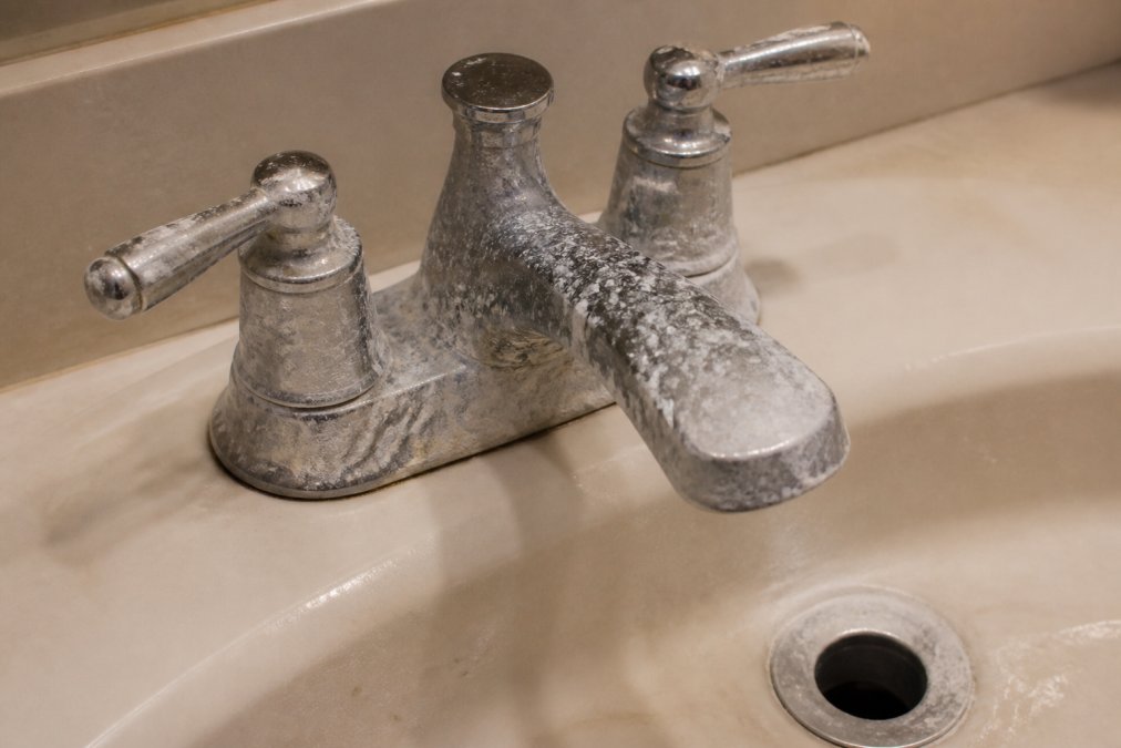 White chalky mineral buildup and soap scum residue encrusting a chrome bathroom faucet and sink drain, photographed close-up in a residential bathroom under warm overhead lighting