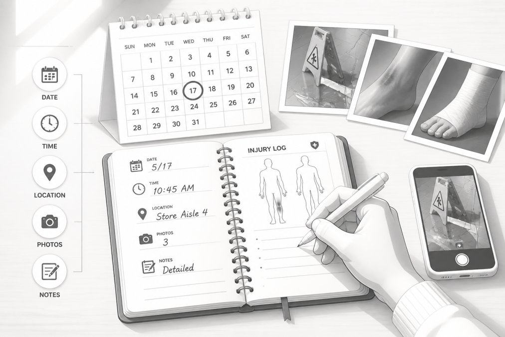 Person's hand writing detailed notes in a medical journal or log, with calendar pages and injury photographs visible on a wooden table in natural daylight