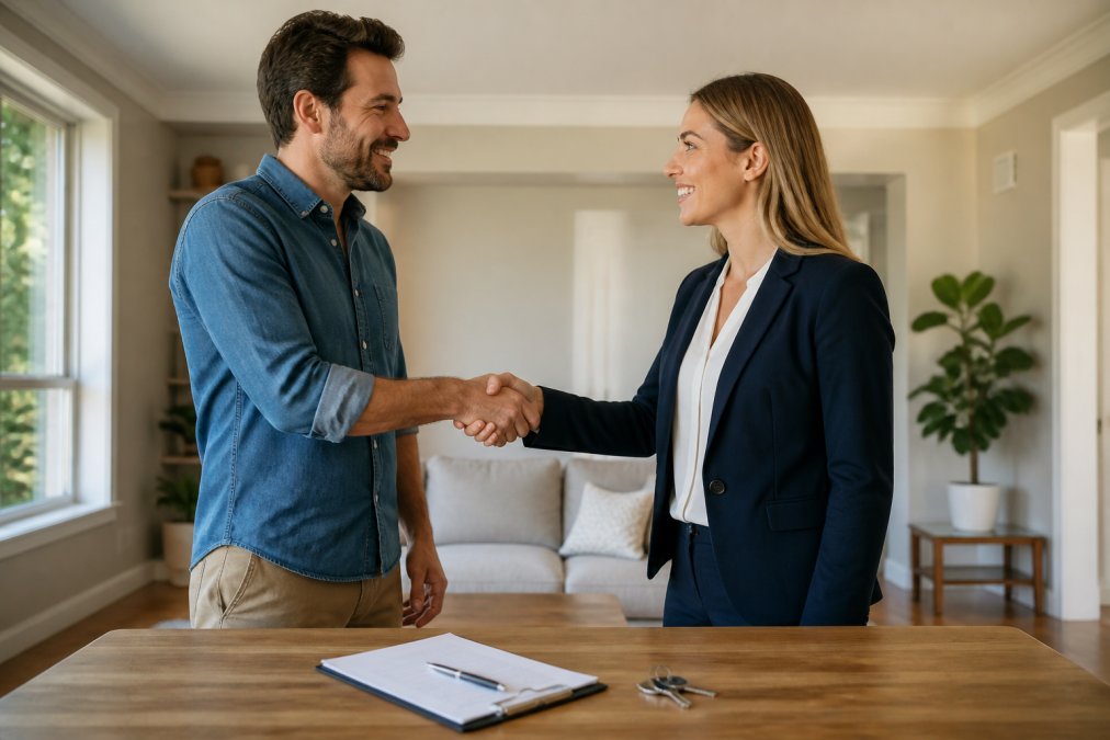 Real estate agent and homeowner shaking hands inside a home, both smiling, with paperwork and keys visible on a table nearby