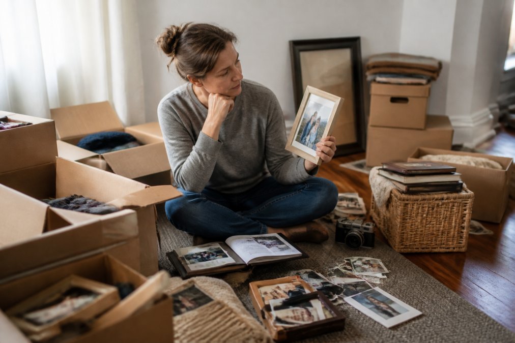 Person sitting on floor surrounded by boxes, old photos, and memorabilia, looking thoughtful while holding a framed picture