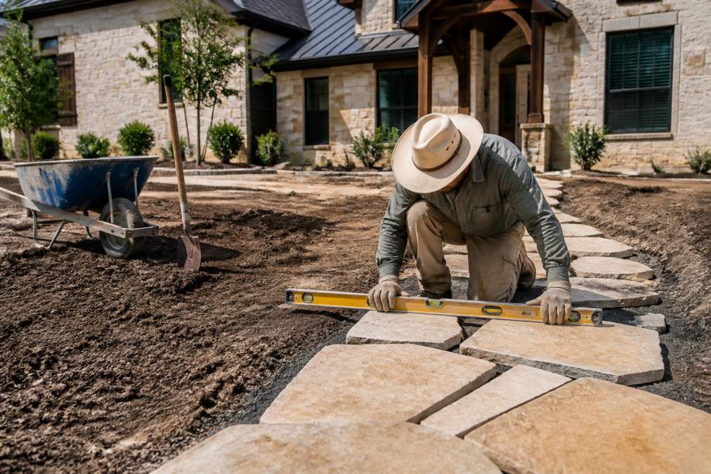 Contractor checking a level on a flagstone walkway during a residential hardscaping installation in San Antonio.