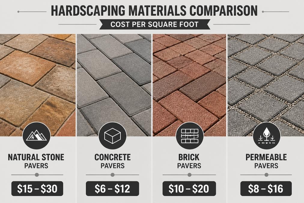 Close-up of various hardscaping materials displayed side by side showing natural stone pavers in warm tones, gray concrete pavers, traditional brick in reddish hues, and permeable pavers with visible drainage texture under natural daylight