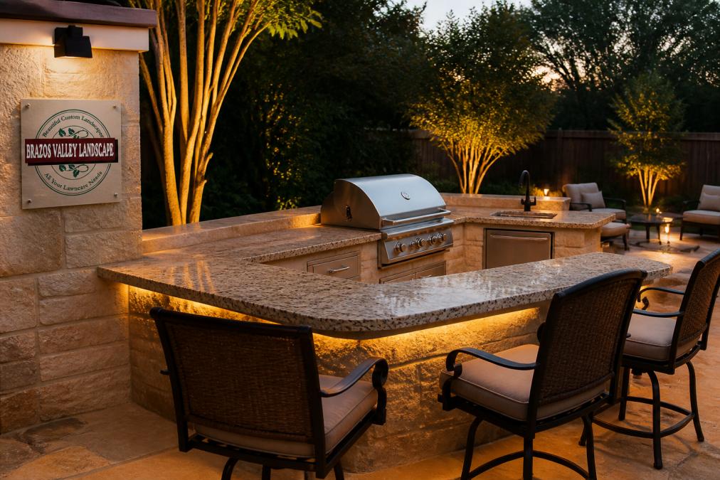 Outdoor kitchen with stone counters and grill provided by hardscaping services in a lit Bryan, Texas backyard.