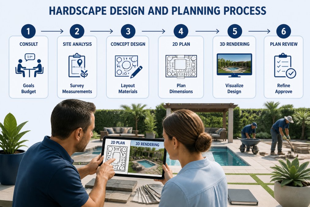 Professional landscape designer reviewing 2D and 3D renderings with homeowner on tablet in backyard setting, showing design consultation and planning process in natural daylight