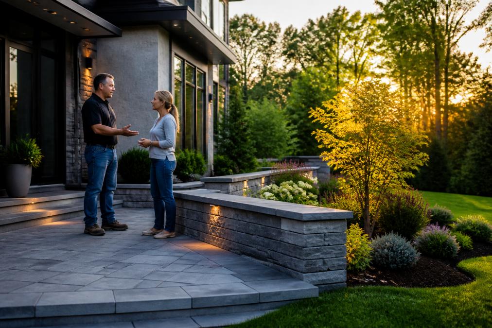Side-by-side view of a modern home with a paver patio and stone retaining wall in the foreground, lush green landscaped garden with mature shrubs in the background, golden hour lighting